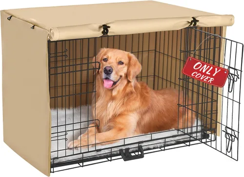 Vista 8 de Funda para jaula de perro, funda impermeable de doble puerta, funda protectora de poliéster 600D duradera para jaula de perro de 24/30/36/42/48 Beige