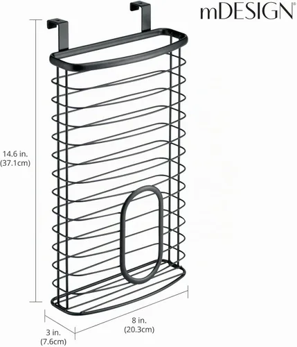 Vista 4 de mDesign Organizador de Almacenamiento Colgante de Gabinete de Acero Portador para Cocina, Despensa - Sostiene Bolsas de Plástico, Sándwich, Basura