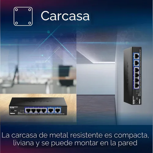 Vista 9 de TRENDnet Switch 10G de 6 puertos, 4 puertos 2.5G RJ-45 Base-T, 2 puertos RJ-45 10G, capacidad de conmutación de 60Gbps, montable en pared