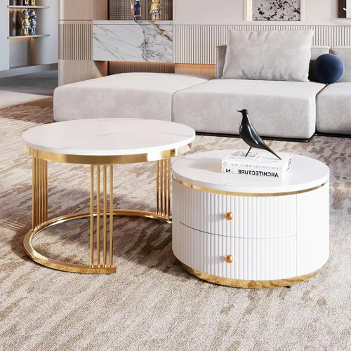 Vista 14 de Mesa de café redonda, mesa de café moderna de 31.5" con 2 cajones grandes de almacenamiento, tapa de mesa con patrón de mármol, mesa central