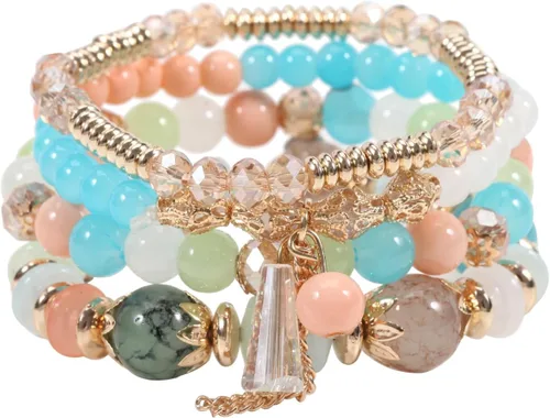 Vista 28 de 4 piezas de juego de pulseras bohemias apilables de múltiples capas con cuentas de cristal coloridas, pulseras elásticas con cuentas de oro Verde