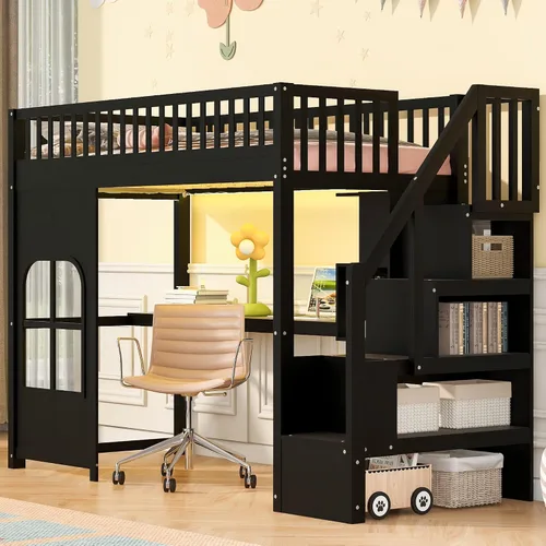 Vista 3 de Cama alta individual con escaleras de almacenamiento, escritorio, estación Negro