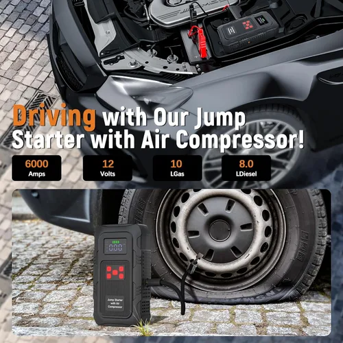 Vista 2 de Arrancador de 6000A con compresor de aire, arrancador de batería de automóvil portátil con inflador de neumáticos de 150 PSI para motores de hasta
