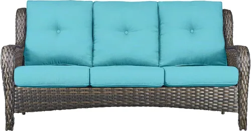 Vista 23 de Sofá Pop Patio de 2 plazas para exteriores con cojines gruesos de botones, respaldo alto, muebles de ratán de mimbre marrón resistentes y cómodos