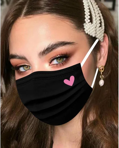 Vista 2 de 50 máscaras faciales desechables, bonitas máscaras rosas y negras con corazones impresos, protección facial completa de 3 capas para mujeres
