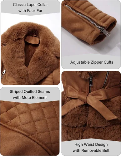 Vista 4 de Bellivera - Chaqueta de piel sintética para mujer, con forro de sherpa y cuello de piel desmontable
