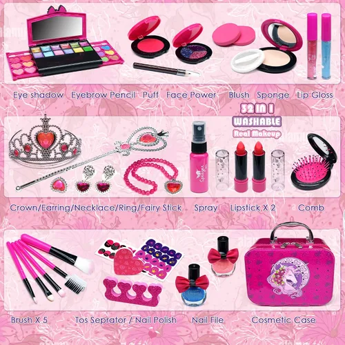 Vista 2 de Kit de maquillaje para niños para niñas, kit de maquillaje real, juguetes para niñas pequeñas y no tóxicos, juego de princesa para niños, regalo