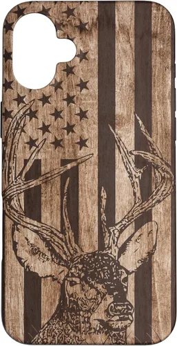 Vista 22 de Funda de madera para iPhone 16 con diseño de ciervo de cola blanca para caza cazador de bandera estadounidense