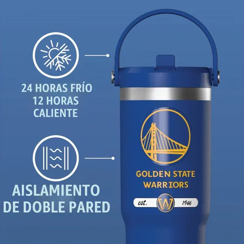 Vista 3 de Hydrapeak x NBA Vaso Nomad con Licencia Oficial de Golden State Warriors de 32 oz con Asa y Tapa con Popote, Botella de Agua de Acero Inoxidable a