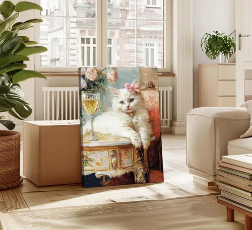 Vista 3 de Elegante lienzo vintage para pared, diseño de gato blanco caprichoso, divertido y retro, cuadro de carrito de bar, pintura ecléctica de animales