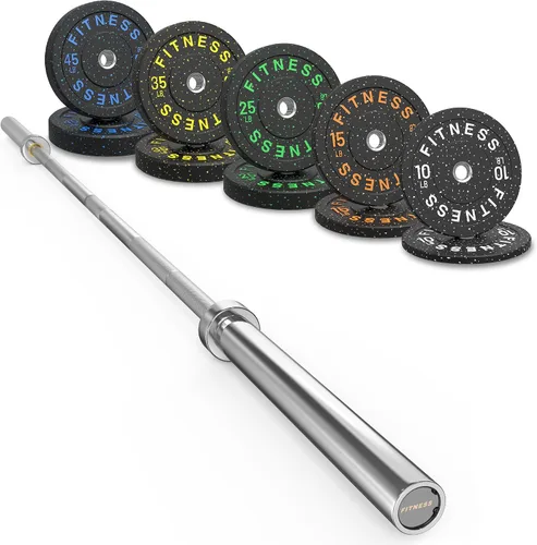 Vista 16 de HANDBODE Olympic Barbell Set, 2-Inch Bumper Plates with Weight Plate Rack