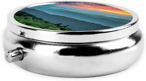 Vista 3 de Pastillero redondo impreso Mountain Sunset portátil, mini pastillero, organizador de píldoras de metal chapado en hierro con 3 compartimentos