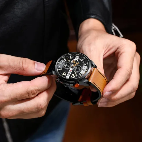 Vista 2 de Reloj clásico con cronógrafo, elegante, casual, deportivo, correa de piel, para hombre