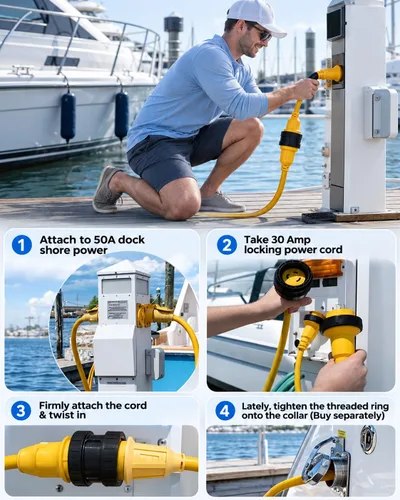 Vista 4 de Adaptador RV de 50 amperios a 30 amperios con certificación ETL, cable adaptador de corriente marina SS2-50P a L5-30R, bloqueo giratorio de 30 A