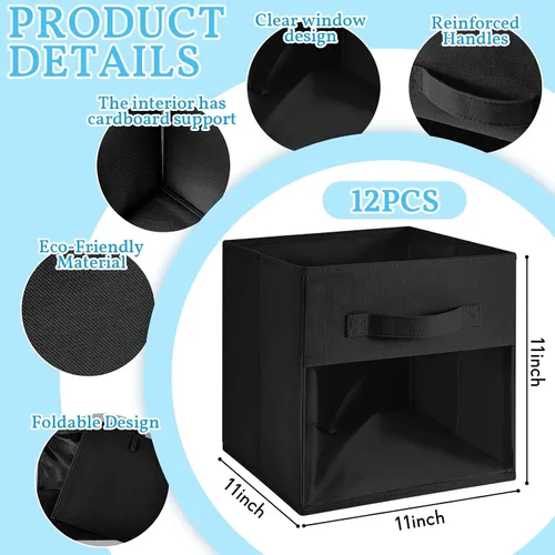 Vista 2 de Marsui 12 unidades de cubos transparentes de almacenamiento plegables negros para niños, organizador de aula de tela con ventana para sala