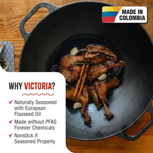 Vista 2 de Victoria Wok de hierro fundido con asas de bucle, fabricado en Colombia, 14 pulgadas
