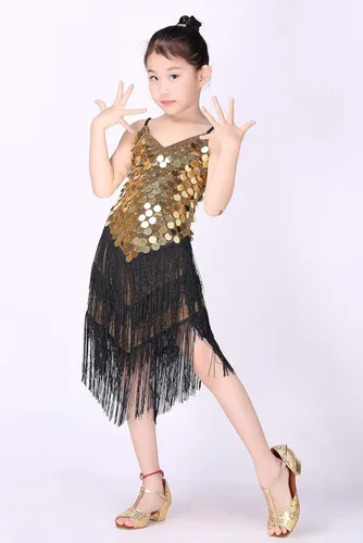Vista 7 de Happy Cherry Vestido de lentejuelas con borlas para niña, falda de baile latino, disfraz brillante para niños, ballet, tango, rumba, ropa de baile