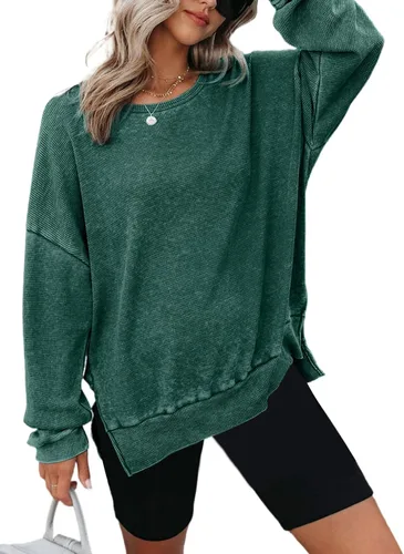 Vista 2 de Dokotoo Sudadera de gran tamaño con cuello redondo para mujer, de manga larga, de punto gofre, aberturas laterales, casual, ligera, color verde