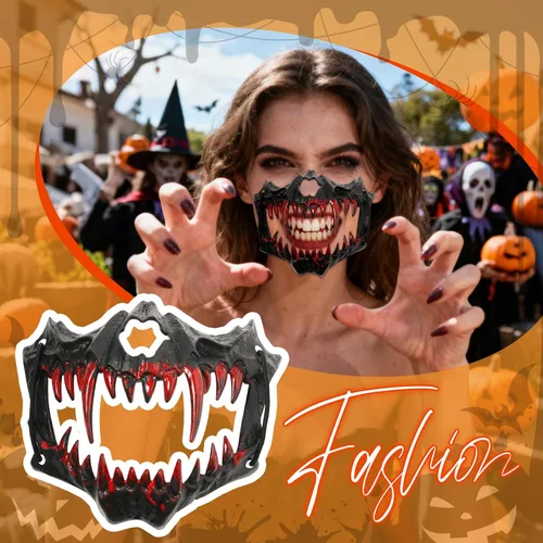 Vista 4 de Aroncent Máscara de media cara de calavera de Halloween con colmillos sangrientos: accesorio de disfraz de mandíbula de esqueleto aterrador