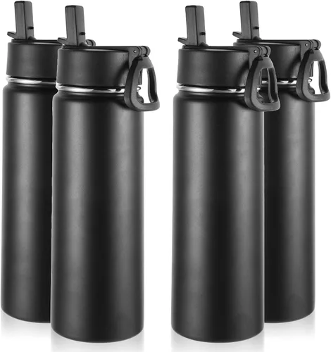 Vista 18 de Volhoply Botellas de agua aisladas de 22 onzas con tapa con popote, botella deportiva de acero inoxidable con asa, vasos de agua de viaje de metal