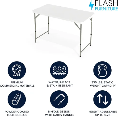 Vista 3 de Flash Furniture Mesa rectangular de plástico plegable de 4 pies con patas ajustables y asa de transporte, mesa de banquete portátil biplegable