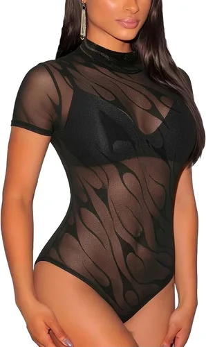 Vista 14 de Lrady Women's Short Sleeve Bodysuit Mesh Sheer Going Out Tops K#1 Negro