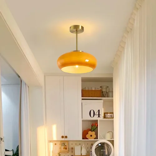 Vista 3 de Lámpara de techo semiempotrada de cristal, moderna cerca del techo, pantalla de cristal de cúpula naranja de 11 pulgadas, lámpara de techo dorada