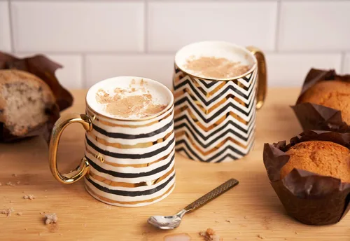 Vista 3 de KooK Tazas de café, juego de tazas de café, tazas negras y doradas, porcelana, tazas de té con asas, diseño geométrico con detalles dorados Curved
