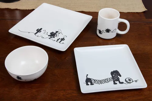 Vista 5 de Toy Story - Juego de vajilla de cerámica de 4 piezas con diseño de garabatos, bonitos dibujos de líneas de personajes, hermosos platos cuadrados