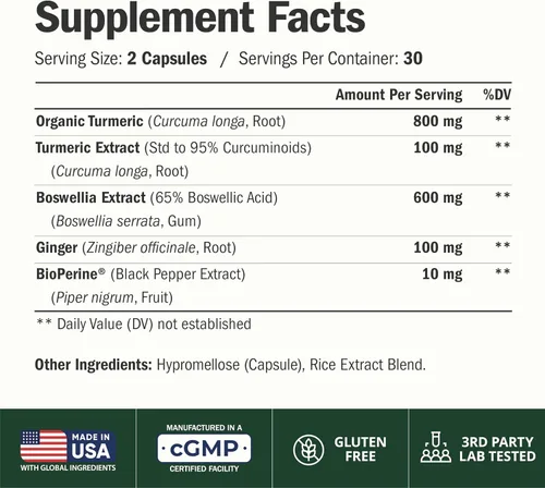 Vista 3 de Suplemento de apoyo para las articulaciones con BioPerine y 95 % de curcuminoides; contiene jengibre, boswellia y extracto de pimienta negra Alta