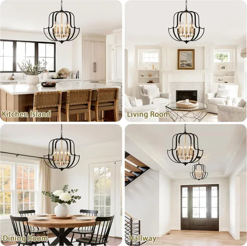 Vista 7 de Lámpara de araña negra y dorada de 19" para comedor, lámparas de araña rústicas de granja de 5 luces, luz colgante industrial moderna para cocina