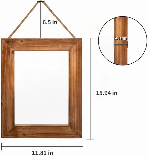 Vista 2 de OKSQW Espejo de pared de granja, espejo rectangular de madera rústica marrón, marco de madera decorativa de 16 x 12 pulgadas, con espejo y cuerda