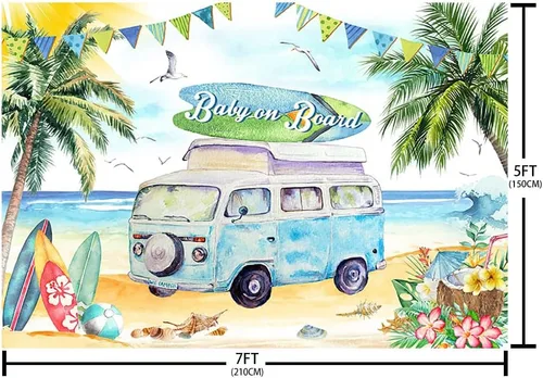 Vista 5 de AIBIIN Telón de fondo para baby shower de bebé a bordo de 7 x 5 pies para niño, tropical, verano, mar, playa, baby shower, fotografía, fondo