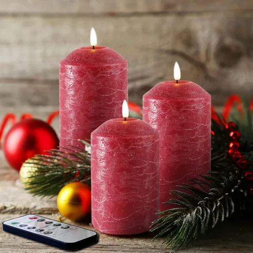 Vista 8 de Velas de pilar sin llama rosa con control remoto, velas LED parpadeantes de cera a pilas, juego de 3 Flickering LED Candles, 2 AA Battery