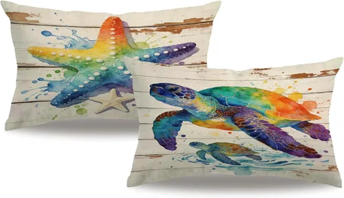 Vista 11 de 7COLORROOM Paquete de 2 fundas de almohada de playa/costera, tortuga marina/caballo marino, fundas de cojín decorativas de algodón y lino, 20 x 20