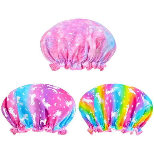 Vista 2 de Olypegic Gorro de ducha para niños, 3 piezas, para niñas, reutilizable, impermeable, ajustable, grande, con unicornio, sirena, arco iris, lindo