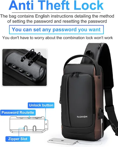 Vista 2 de Geanbun Mochila cruzada USB antirrobo impermeable para el pecho, D-azul y marrón, Moda