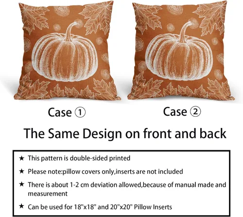 Vista 6 de Juego de 2 fundas de almohada de otoño naranja quemado de 18 x 18 pulgadas, diseño de calabaza blanca y hojas de arce con temática otoñal, almohadas
