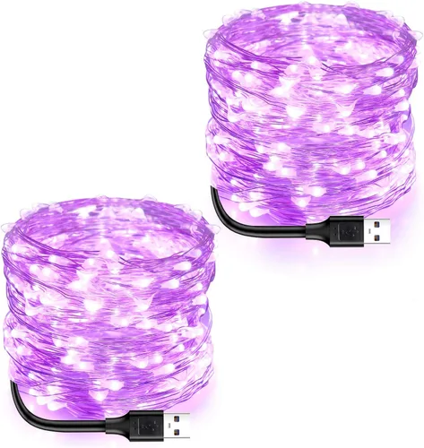 Vista 8 de Blingstar Luces de hadas alimentadas por USB, paquete de 2 unidades de 100 LED de 33 pies, cable plateado flexible, mini cadena de luces para el día