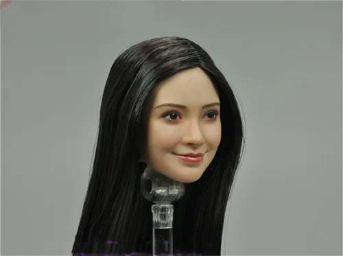 Vista 7 de Esculpa de cabeza femenina a escala 1/6, cabeza de cabello plantado de niña asiática tallada para figura de acción de 12 pulgadas (pelo liso negro)