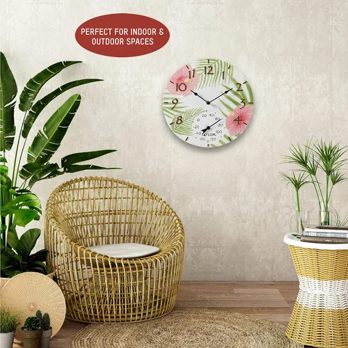 Vista 6 de Taylor Reloj y termómetro de poliresina de hibisco rosa para interiores y exteriores, decoración del hogar para jardín, patio, piscina y áreas