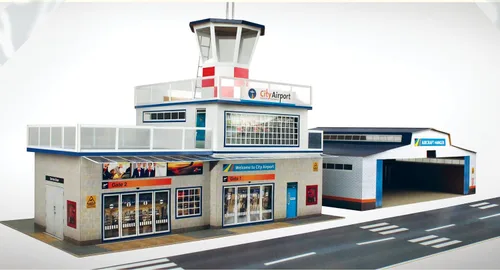 Vista 3 de The CityBuilder Kit de fabricación de modelos de cartón para aeropuertos y colgadores - O Scale Model Railroad Building