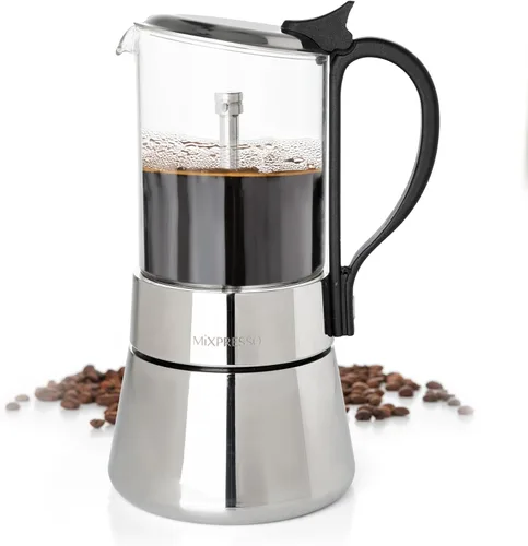 Vista 11 de Mixpresso Cafetera Espresso Greca Negra para Estufa de 6 Tazas 300ml/10oz, Olla Moka con Diseño de Percolador de Café, Cafetera de Acero Inoxidable