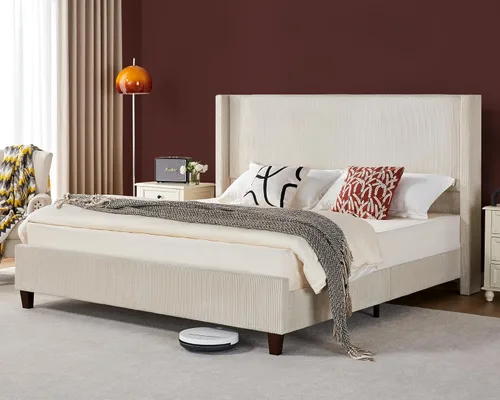Vista 3 de VanAcc - Base de cama tapizada de pana tamaño Queen con cabecera de ala Crema