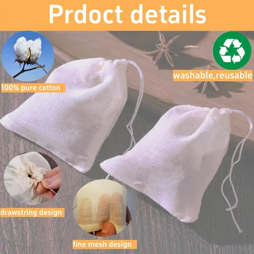Vista 3 de Paquete de 50 bolsas de muselina de algodón natural reutilizables con cordón, bolsas de té reutilizables sin blanquear, bolsas de especias