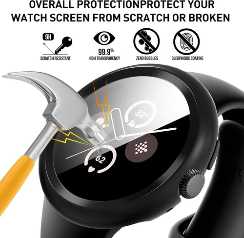 Vista 4 de Suoman Paquete de 3 fundas para Google Pixel Watch 3/2/1 de 1.614 pulgadas, [antiarañazos] protector de pantalla de vidrio templado 9H + cubierta