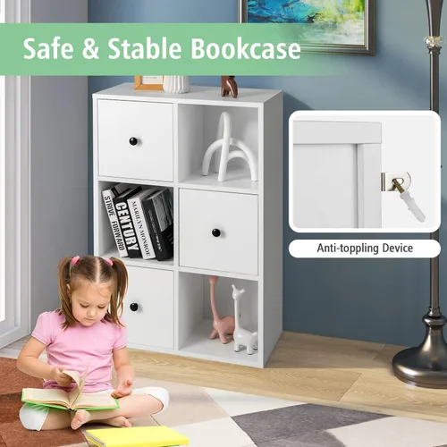Vista 6 de GOFLAME Estantería de pie, organizador de almacenamiento de 3 niveles con 3 cubos y 3 cajones, estantería moderna con dispositivo anti-caída