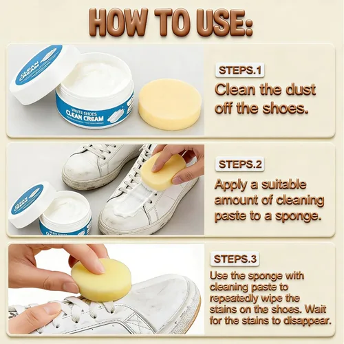 Vista 5 de Crema limpiadora de zapatos blanca, multiusos, sólida, sin lavado, viene con esponja limpiadora de crema blanca