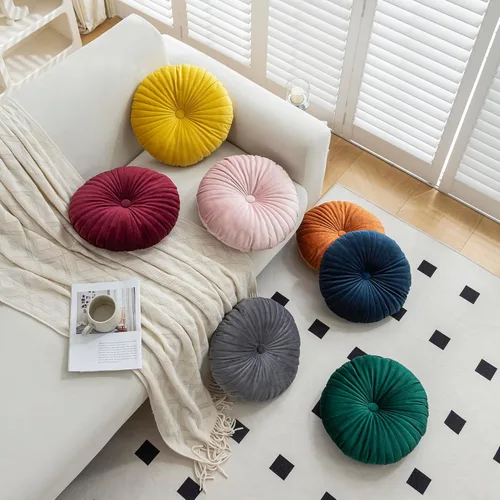 Vista 5 de Teieas - Almohada redonda de terciopelo plisada para decoración, cojín redondo para sofá, silla, cama, coche, burdeos