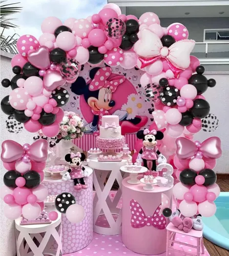 Vista 4 de Kit de arco de guirnalda de globos de ratón rosa, globos rosa y negro con globos de papel de aluminio, decoraciones de fiesta de cumpleaños